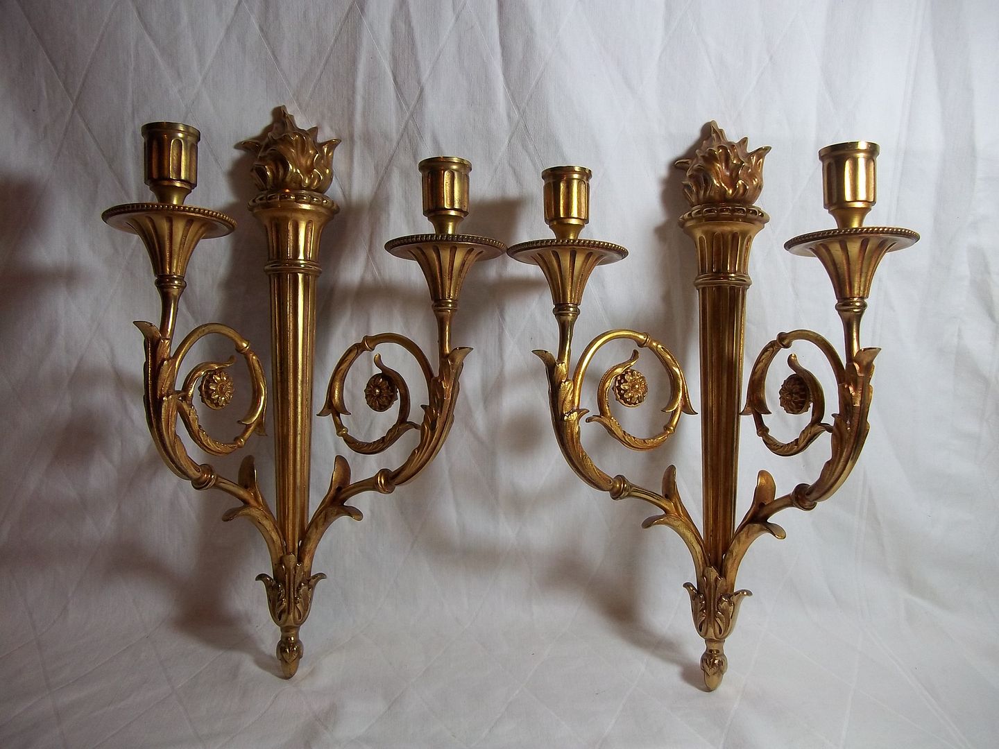 Antique French Pair GOLD TONE TORCH WALL SCONCES empire candle holder